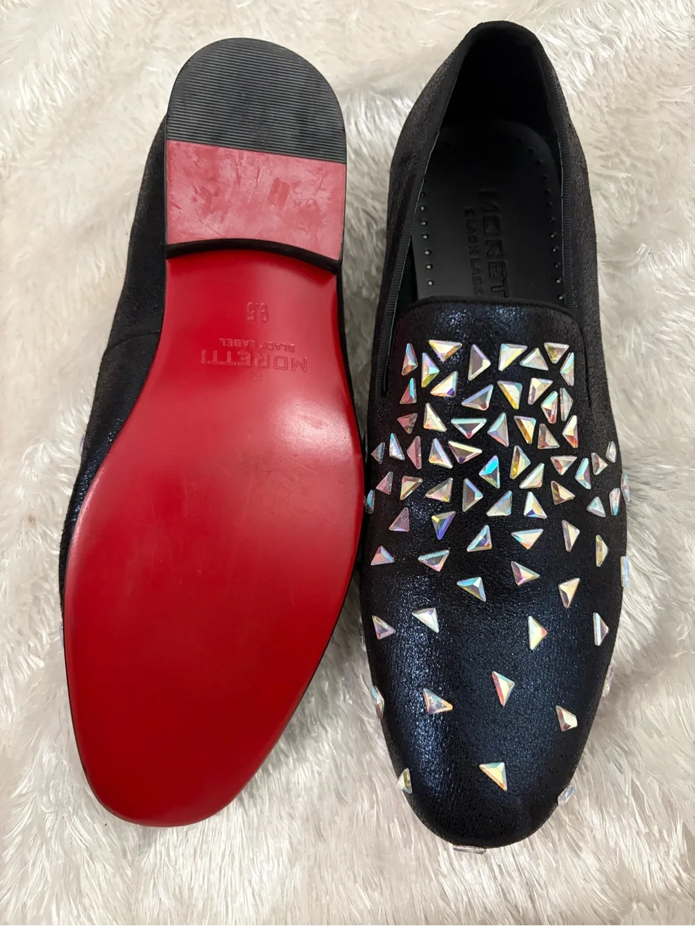 Moretti Black Label loafers featuring black studded iridescent accents size 9.5